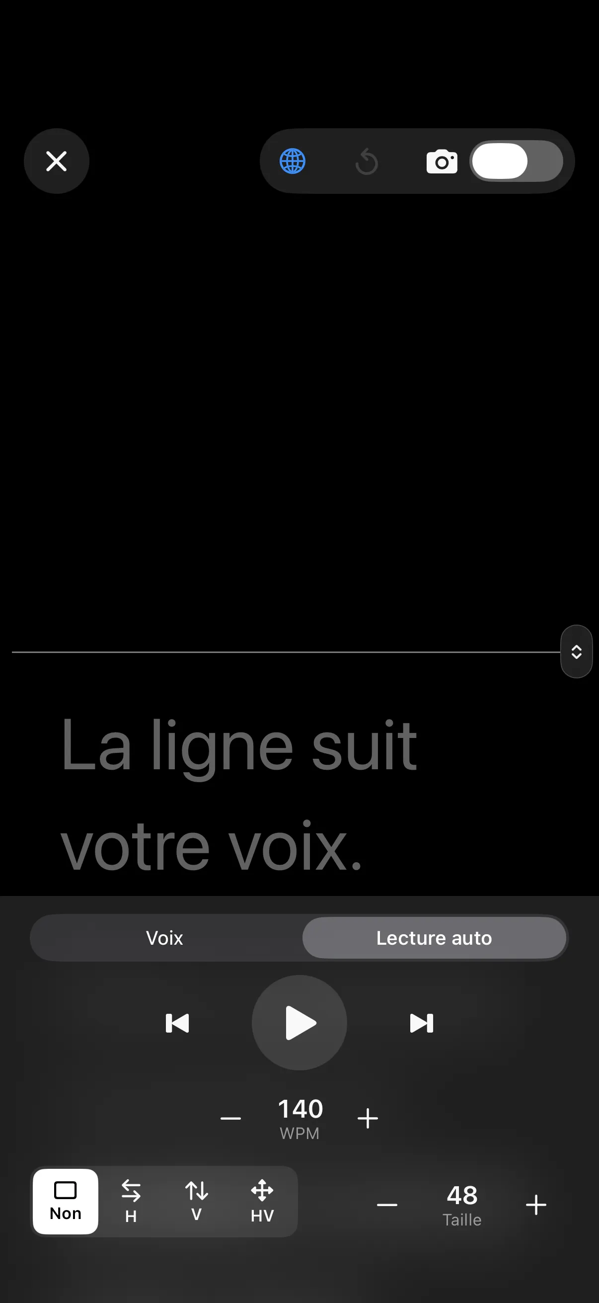 Défilement auto (mots par minute).